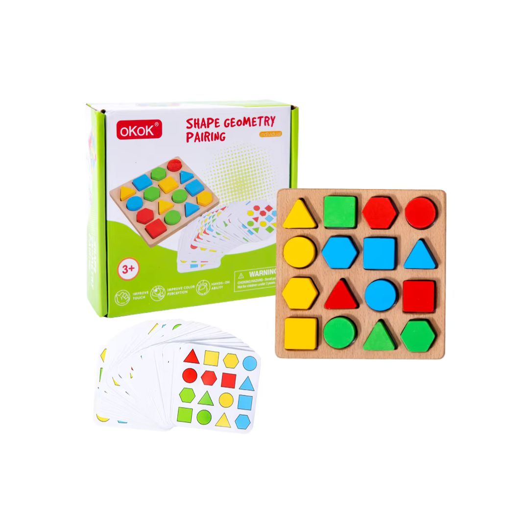 Joc de asociere a formelor geometrice din lemn, 3 ani+