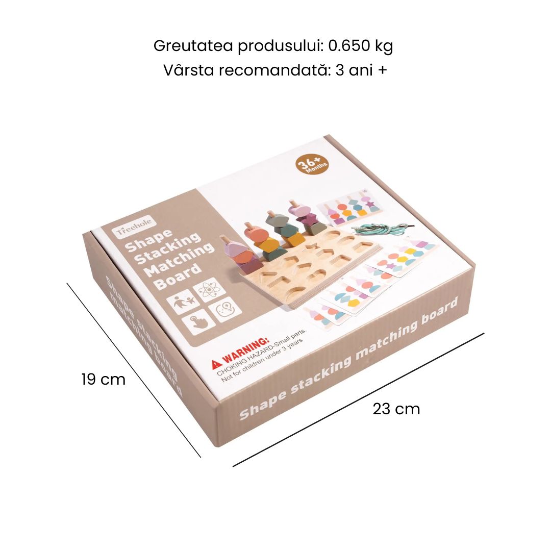 Joc de potrivire a formelor din lemn pe tije, 3 ani+