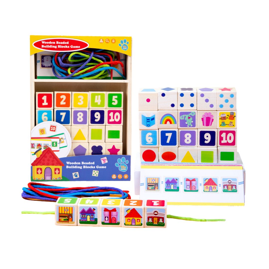 Joc educativ din lemn, 25 de cuburi numerotate și 10 carduri, 1.5 ani+