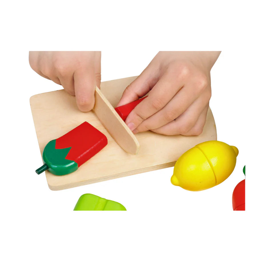 Set Fructe Magnetice din Lemn – Lădiță cu Fructe și Cuțit