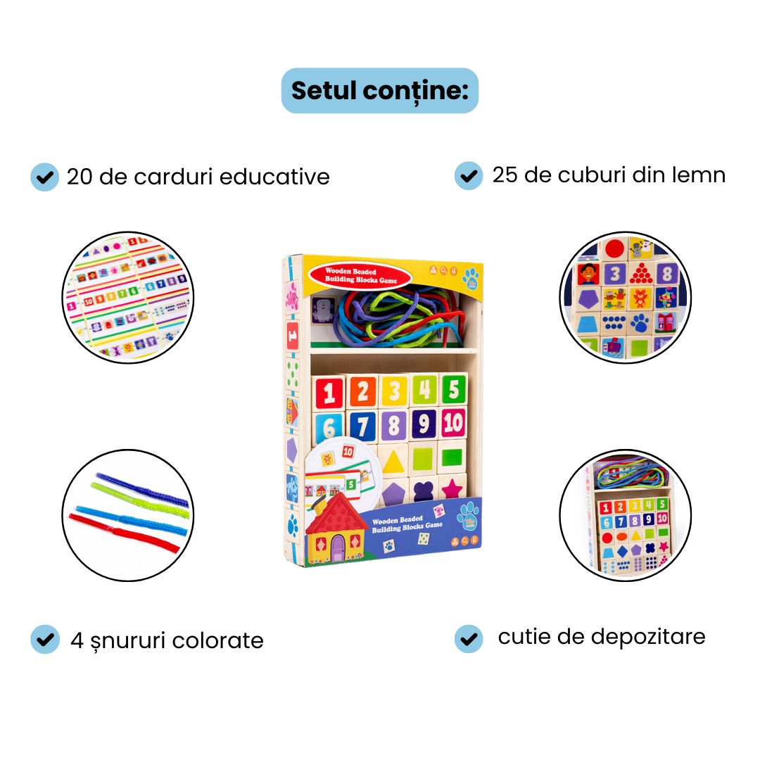 Joc educativ din lemn, 25 de cuburi numerotate și 10 carduri, 1.5 ani+