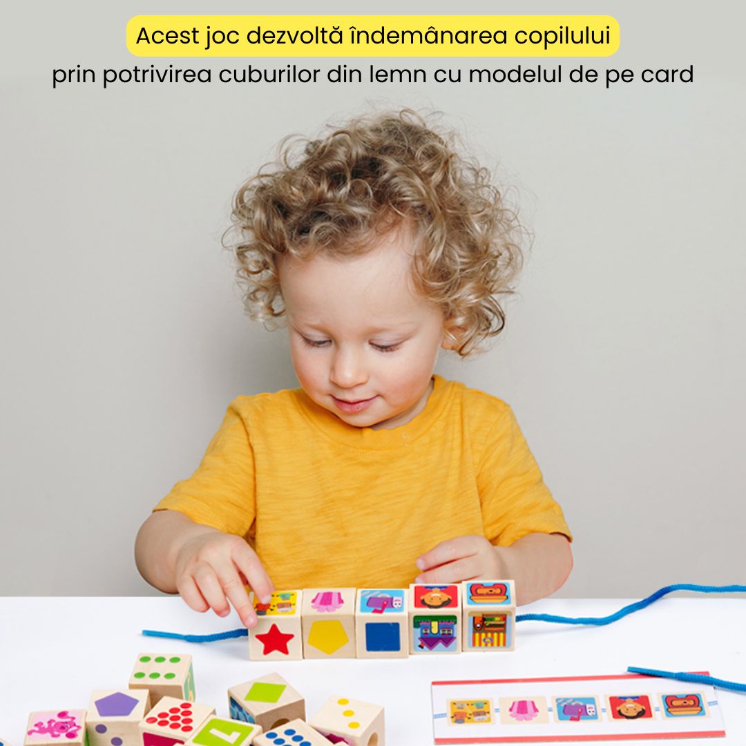 Joc educativ din lemn, 25 de cuburi numerotate și 10 carduri, 1.5 ani+