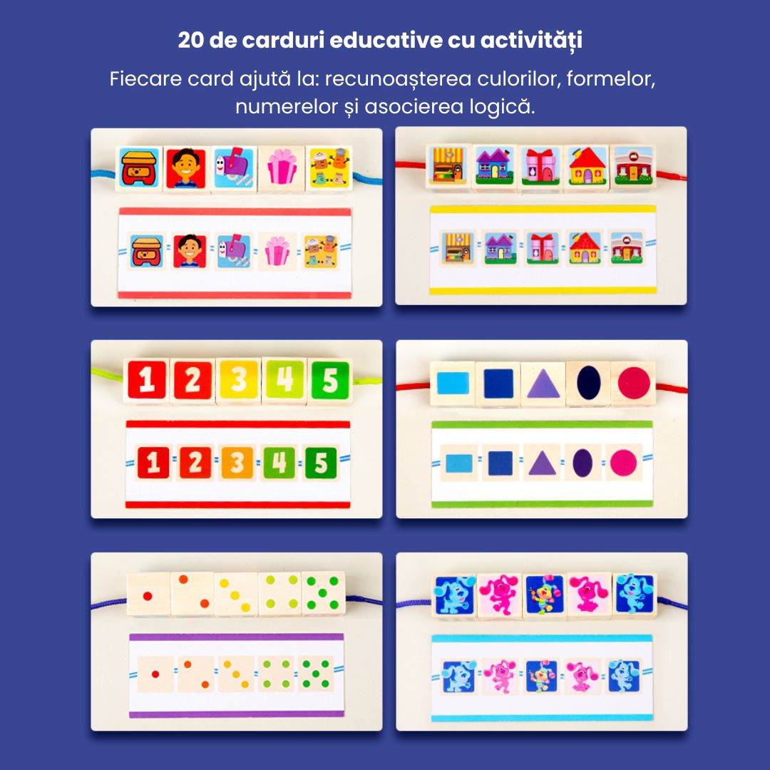 Joc educativ din lemn, 25 de cuburi numerotate și 10 carduri, 1.5 ani+