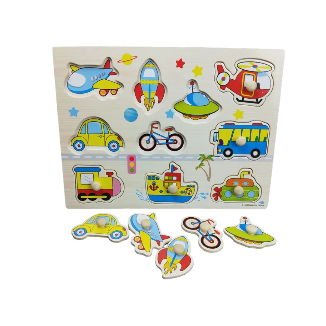 Puzzle incastru din lemn cu 10 Mijloace de Transport, 2 ani+