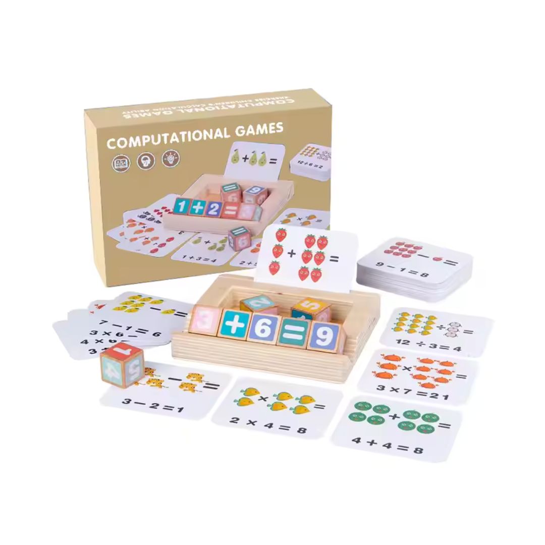 Joc interactiv de calcul matematic, 8 Cuburi din lemn și 53 Carduri , 3 ani+