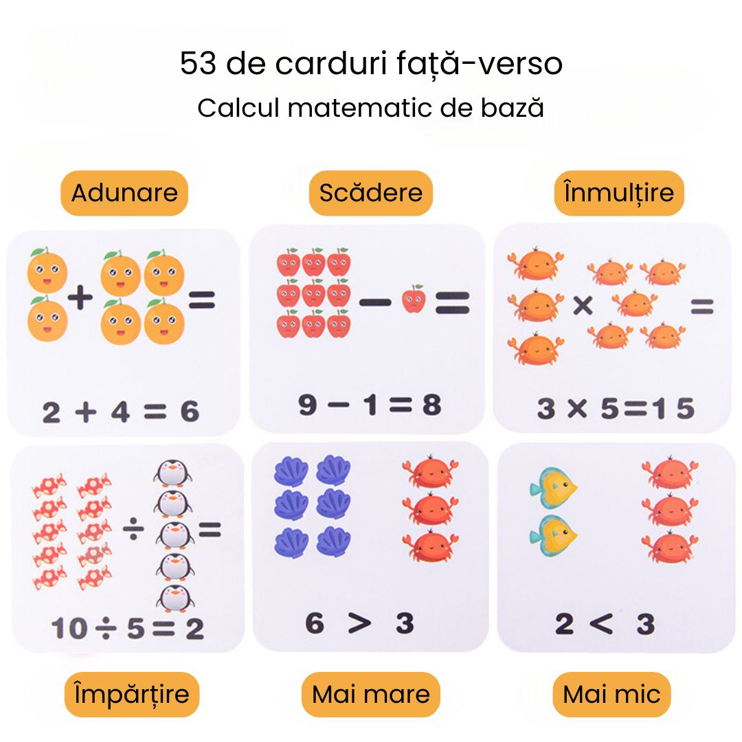 Joc interactiv de calcul matematic, 8 Cuburi din lemn și 53 Carduri , 3 ani+