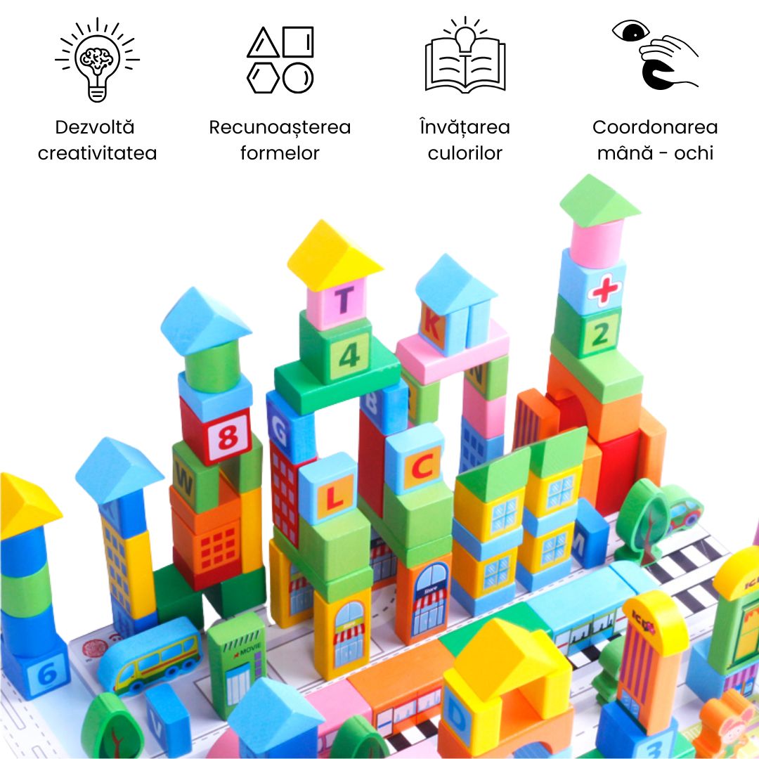 Set de Construcție din lemn Smart Town, 100 piese, 3 ani+
