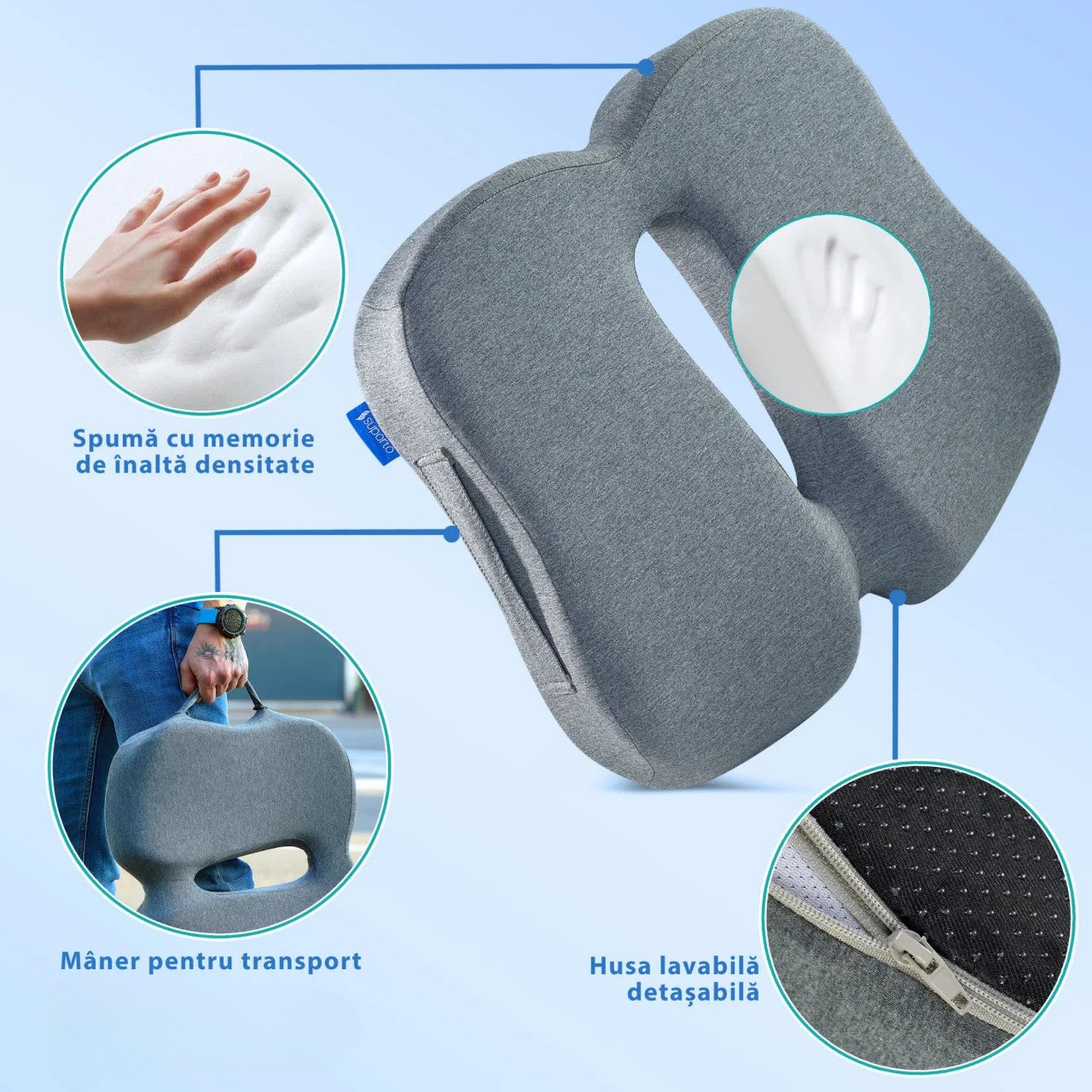 Perna de șezut pentru gravide | Perna Ortopedica de Sezut Slim pentru scaun de birou sau masina, din spuma cu memorie, cu suport pentru Coccis, Gri