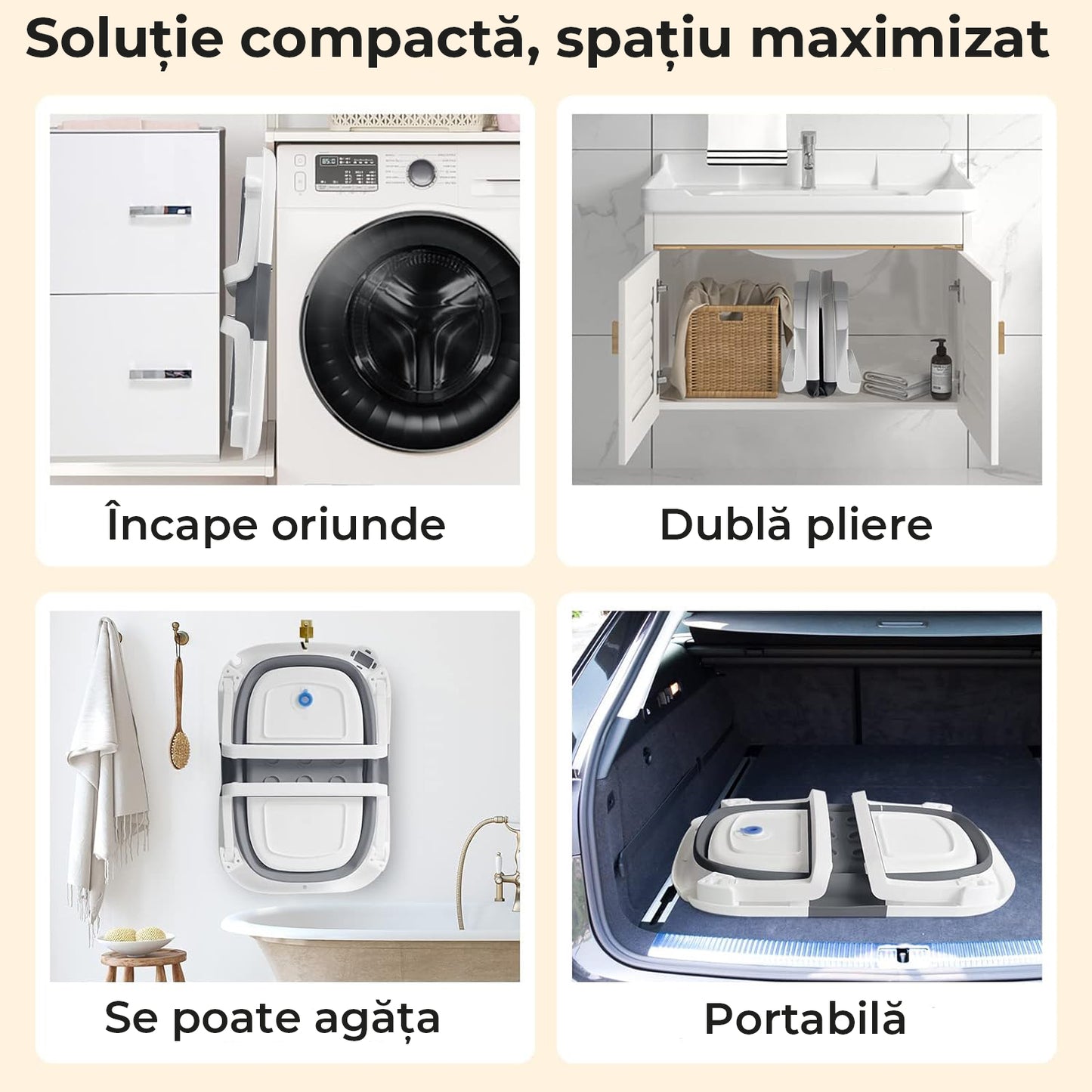 Cădiță de baie pliabilă pentru bebeluși, cu pernă moale, indicator de temperatură și suport pentru cap de duș – 63x42x20 cm, Gri