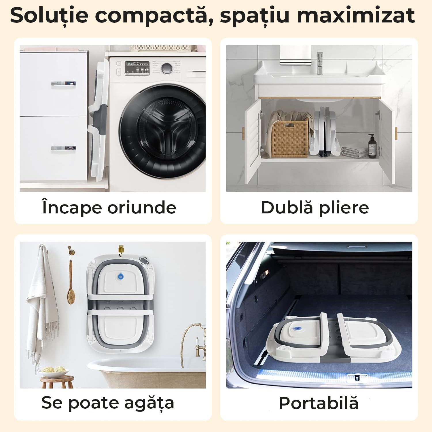 Cădiță de baie pliabilă pentru bebeluși, cu pernă moale, indicator de temperatură și suport pentru cap de duș – 63x42x20 cm, Gri