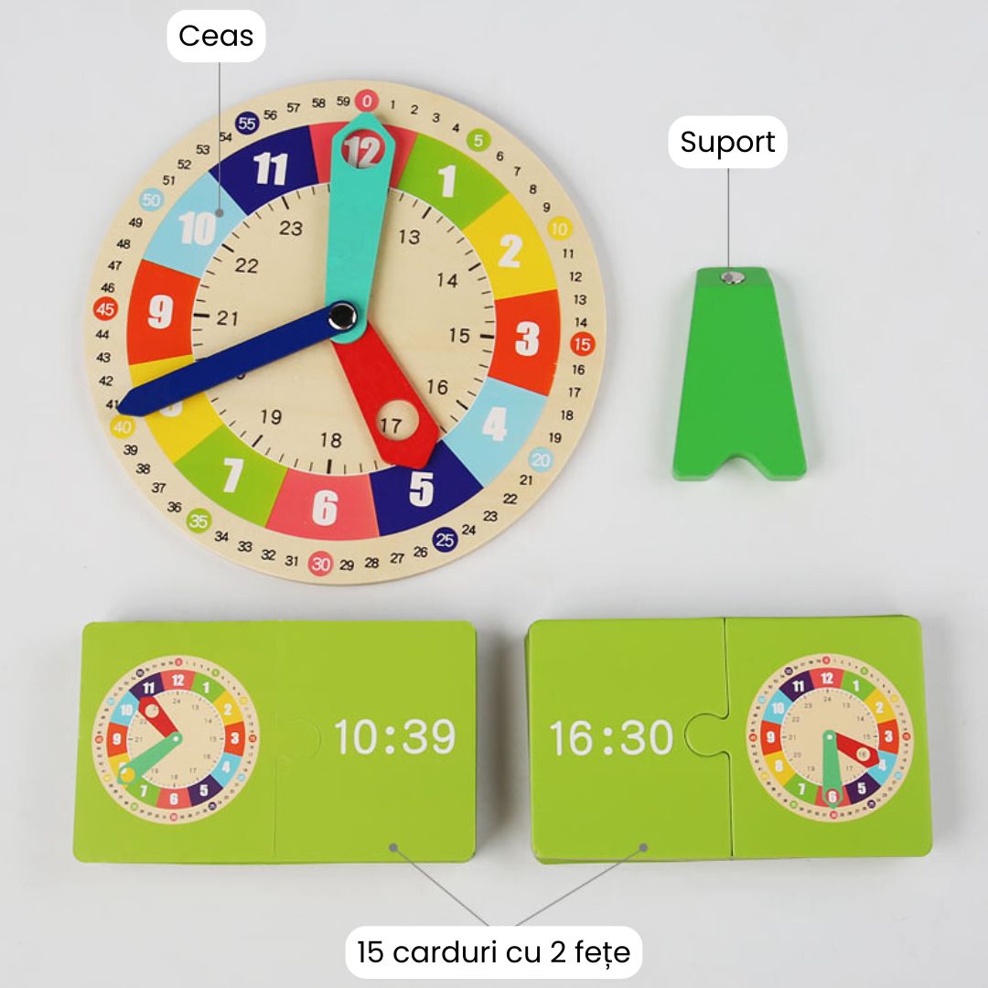 Joc educativ din lemn: Descoperă Timpul, 15 cartonașe, 3 ani+