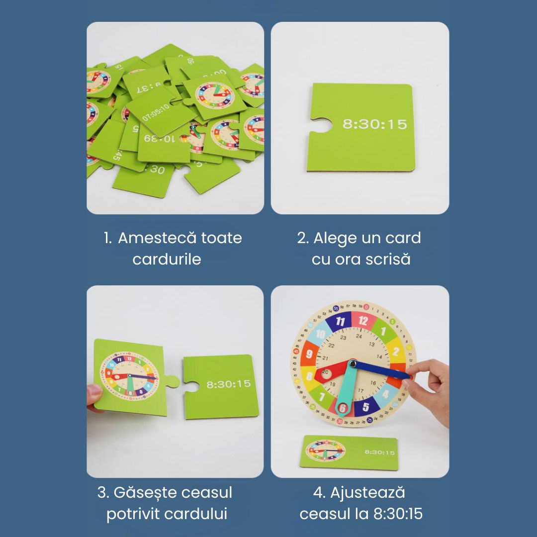Joc educativ din lemn: Descoperă Timpul, 15 cartonașe, 3 ani+