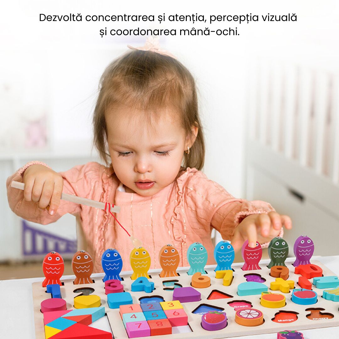 Joc educativ multifuncțional din lemn cu peștișori, 55 de piese, 3 ani+