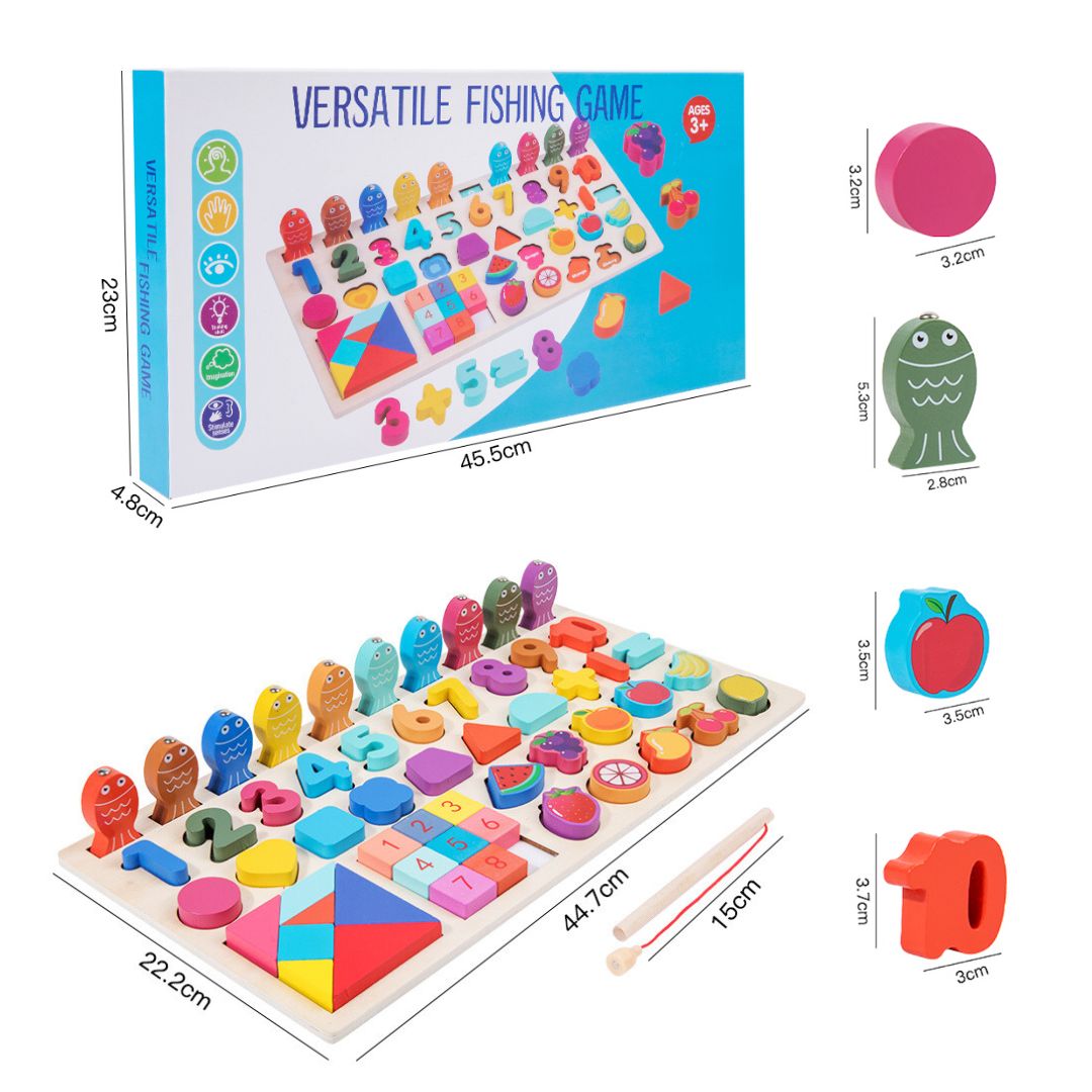 Joc educativ multifuncțional din lemn cu peștișori, 55 de piese, 3 ani+