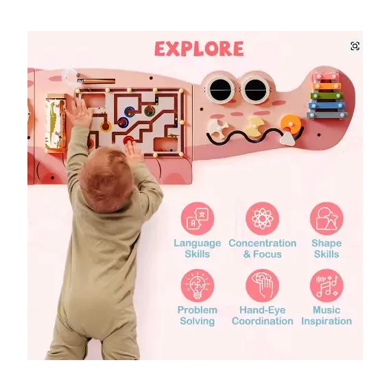 Busy Board din Lemn pentru Perete – Model Crocodil, Activități Montessori pentru Dezvoltare