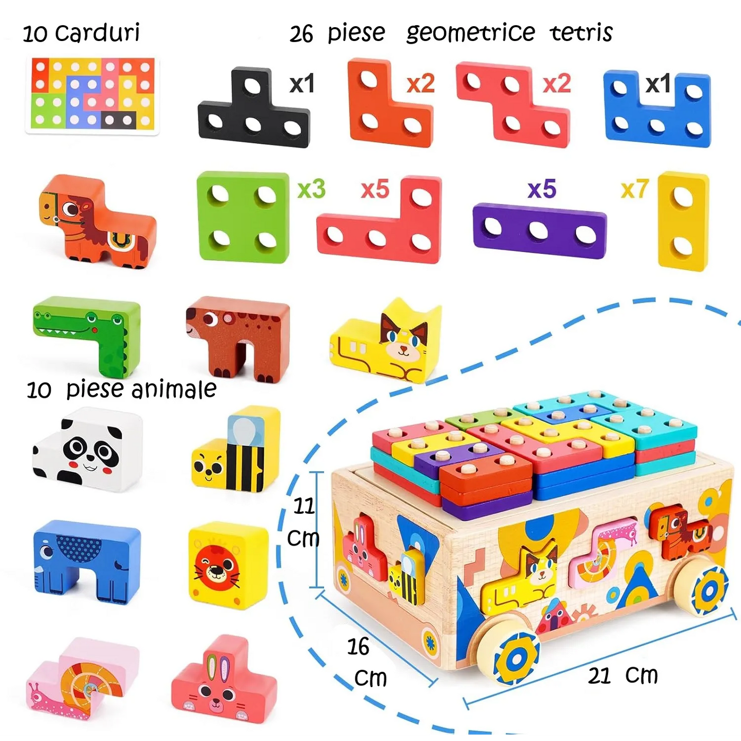 Mașinuță Educațională din Lemn 5-în-1 – Puzzle Tetris, Sortator Forme și Animale, Jenga, Stivuire