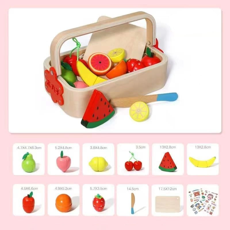 Set Fructe Magnetice din Lemn – Lădiță cu Fructe și Cuțit