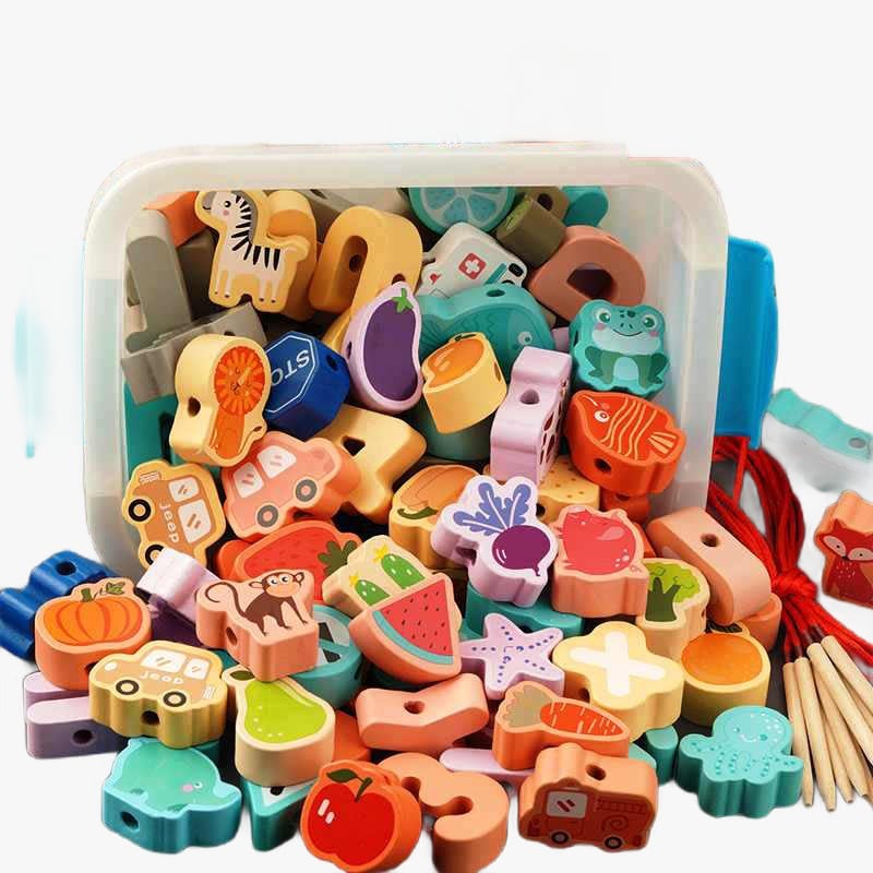 Cutie cu 42 de Mărgele din Lemn și Șiret – Joc de Îndemânare și Creativitate