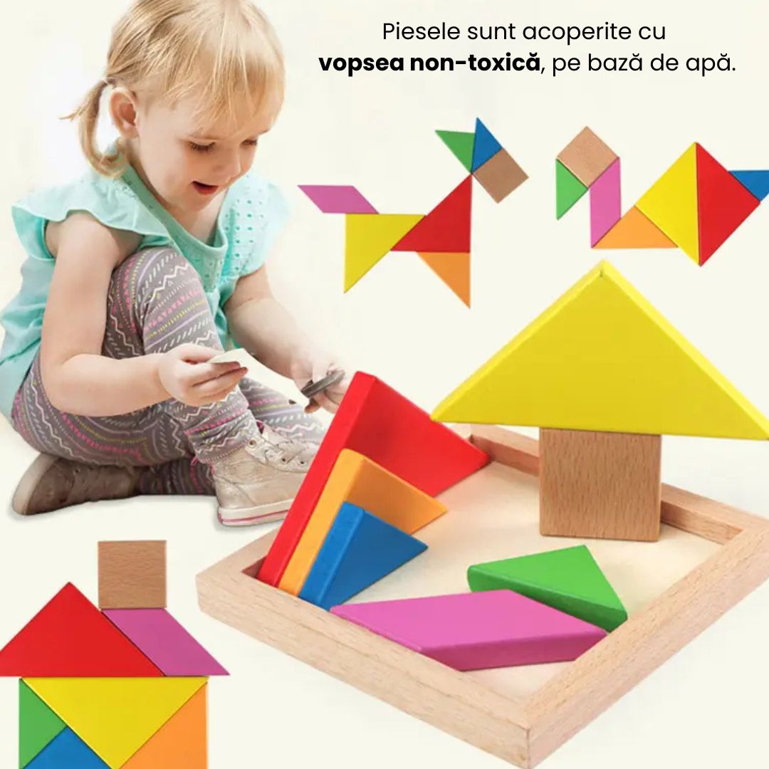 Puzzle educativ 3D Tangram, 7 piese lemn, 2 ani+