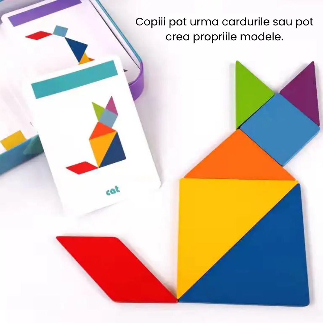 Tangram din lemn cu 60 de carduri - Shapes Puzzle, 3 ani+