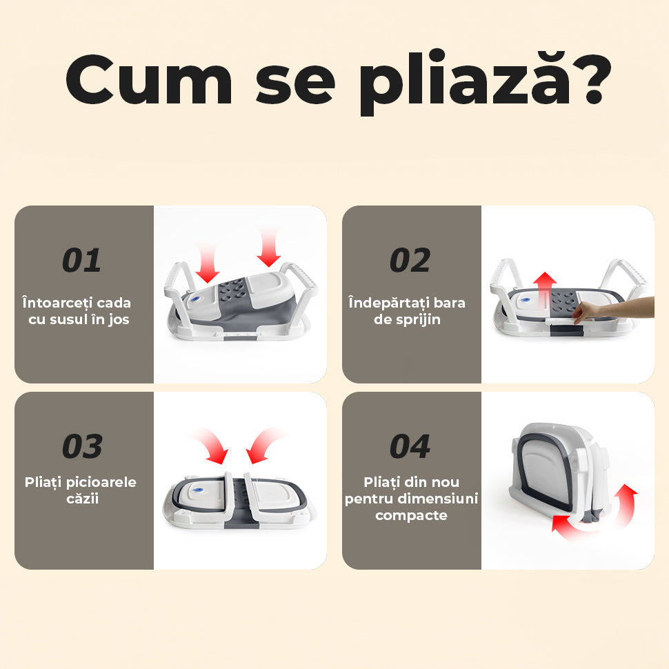 Cădiță de baie pliabilă pentru bebeluși, cu pernă moale, indicator de temperatură și suport pentru cap de duș – 63x42x20 cm, Gri