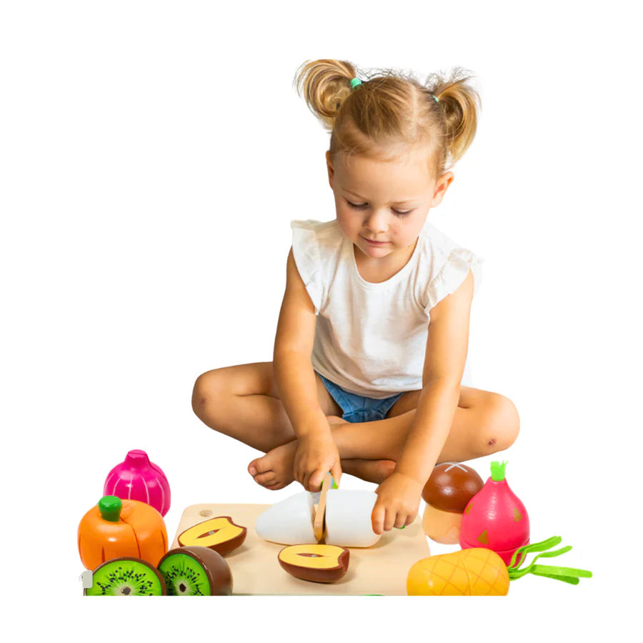 Set Fructe Magnetice din Lemn – Lădiță cu Fructe și Cuțit