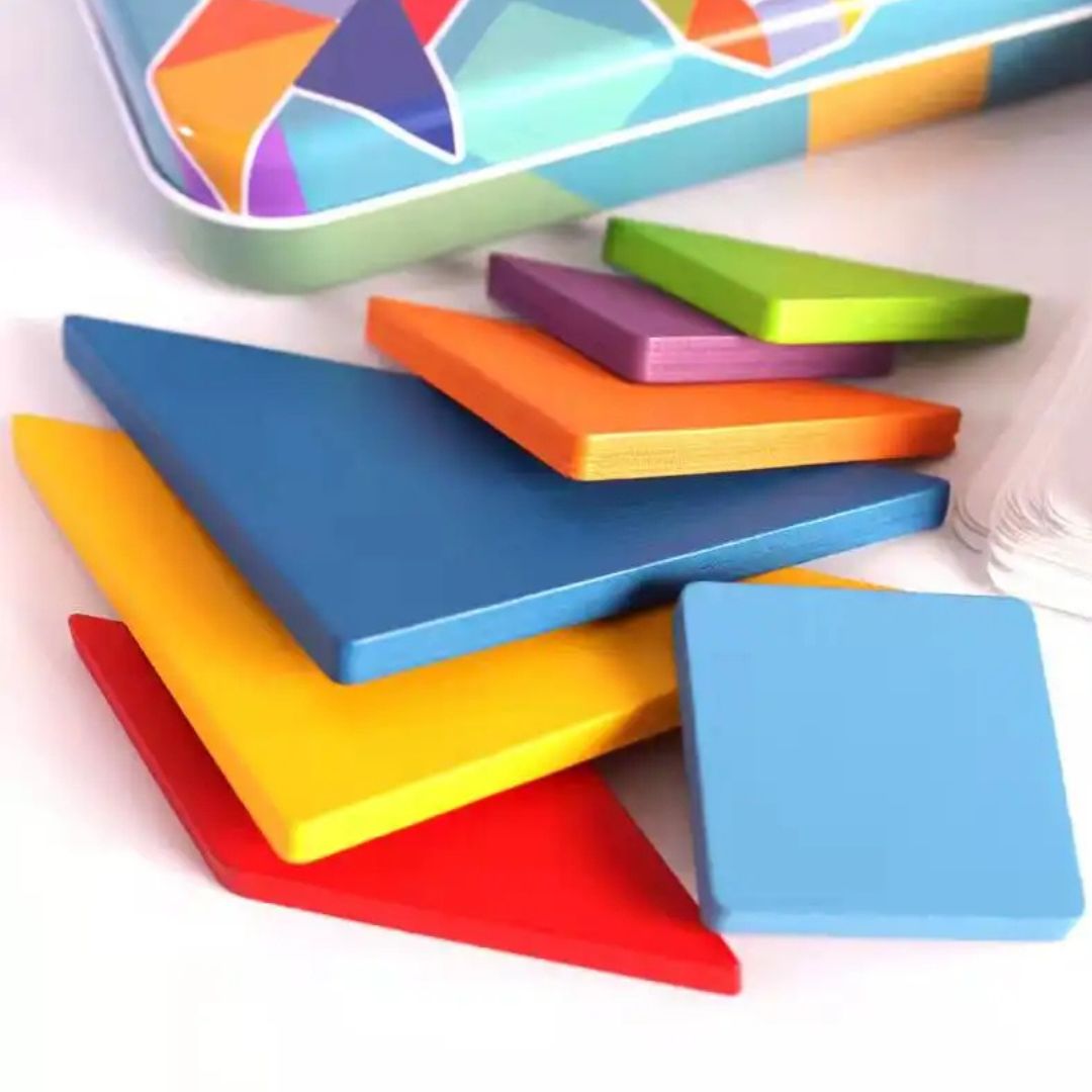 Tangram din lemn cu 60 de carduri - Shapes Puzzle, 3 ani+