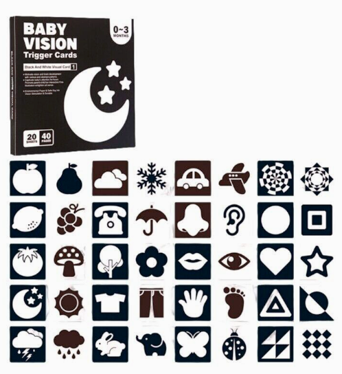 Set Carduri Vizuale pentru Bebeluși 0–3 Luni – Contrast Alb-Negru pentru Stimulare Vizuală