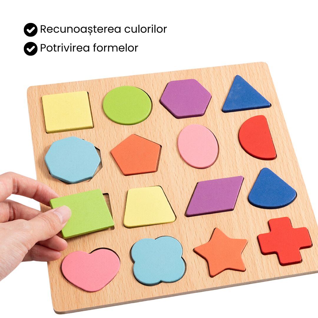 Puzzle Incastru 3D din Lemn cu 16 Forme Geometrice