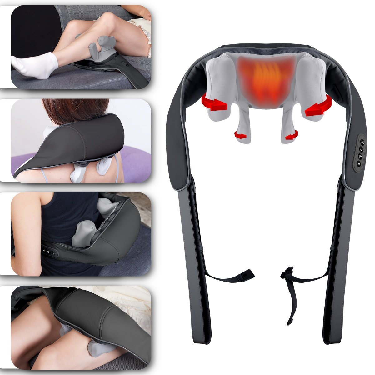 Aparat Masaj Cervical Hands-Free Suporto pentru Relaxare Musculara, Rola de Masat Shiatsu 5D care Imita Masajul Uman, Functie Incalzire, Reduce Stresul si Oboseala, Amelioreaza Durerile pentru Gat, Umeri si Spate, Intensitate Reglabila, Negru