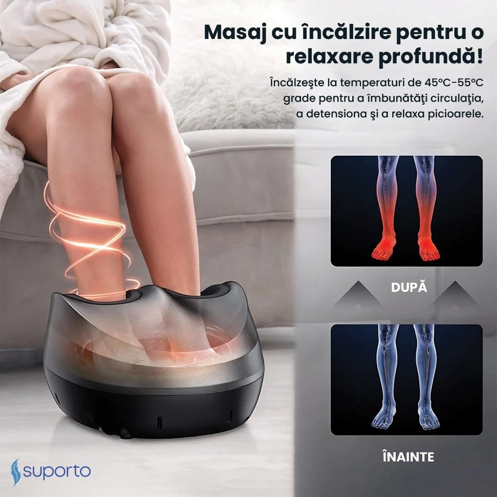 Aparat Masaj Gravide pentru Picioare cu Incalzire, Compresie si Telecomanda Suporto, Pentru relaxare picior si talpa, Beneficii Reflexoterapie, Circulatie Imbunatatita, Role masat talpi si presopunctura, 3 Moduri de Masaj, Gri cu Negru