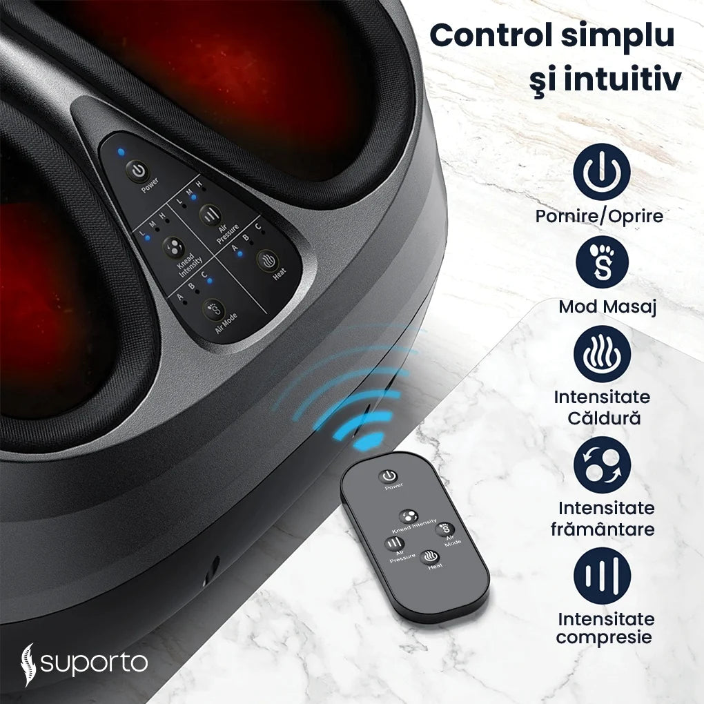 Aparat Masaj Gravide pentru Picioare cu Incalzire, Compresie si Telecomanda Suporto, Pentru relaxare picior si talpa, Beneficii Reflexoterapie, Circulatie Imbunatatita, Role masat talpi si presopunctura, 3 Moduri de Masaj, Gri cu Negru