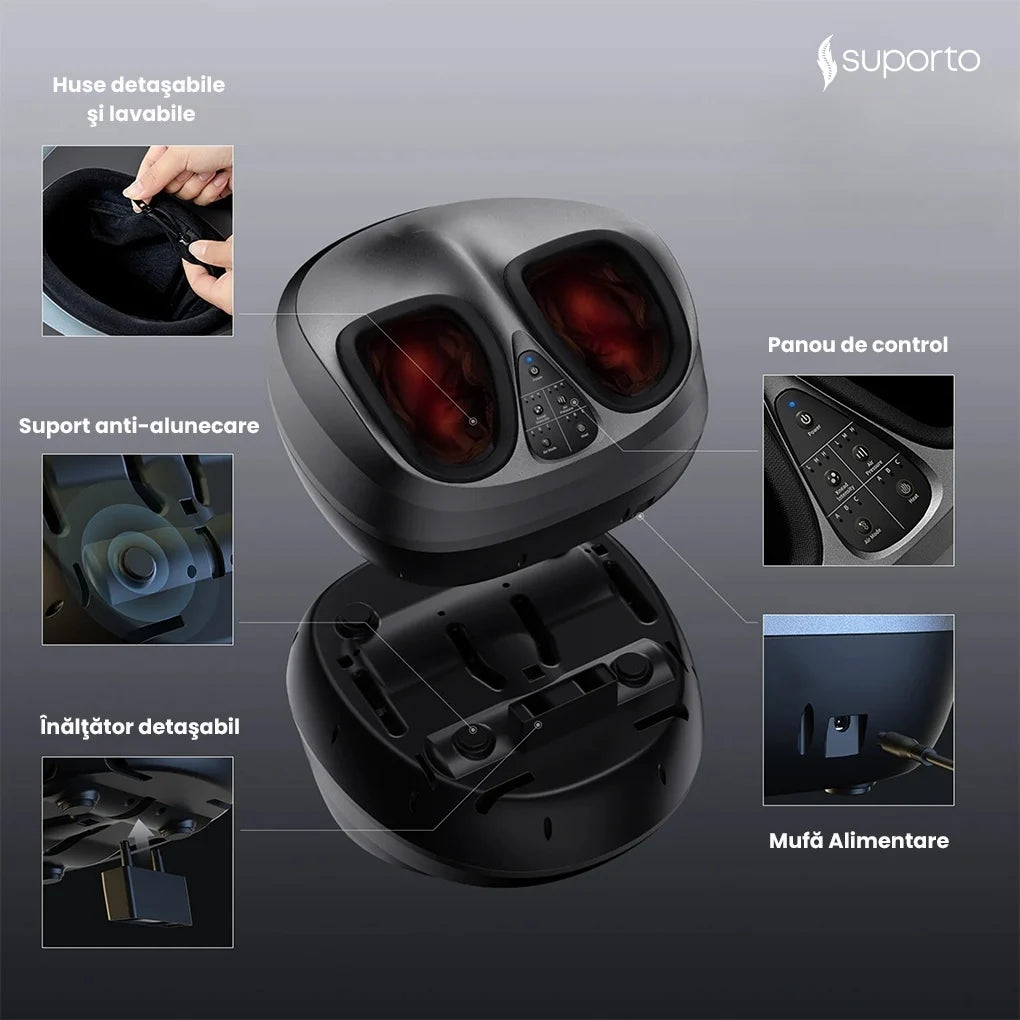 Aparat Masaj Gravide pentru Picioare cu Incalzire, Compresie si Telecomanda Suporto, Pentru relaxare picior si talpa, Beneficii Reflexoterapie, Circulatie Imbunatatita, Role masat talpi si presopunctura, 3 Moduri de Masaj, Gri cu Negru