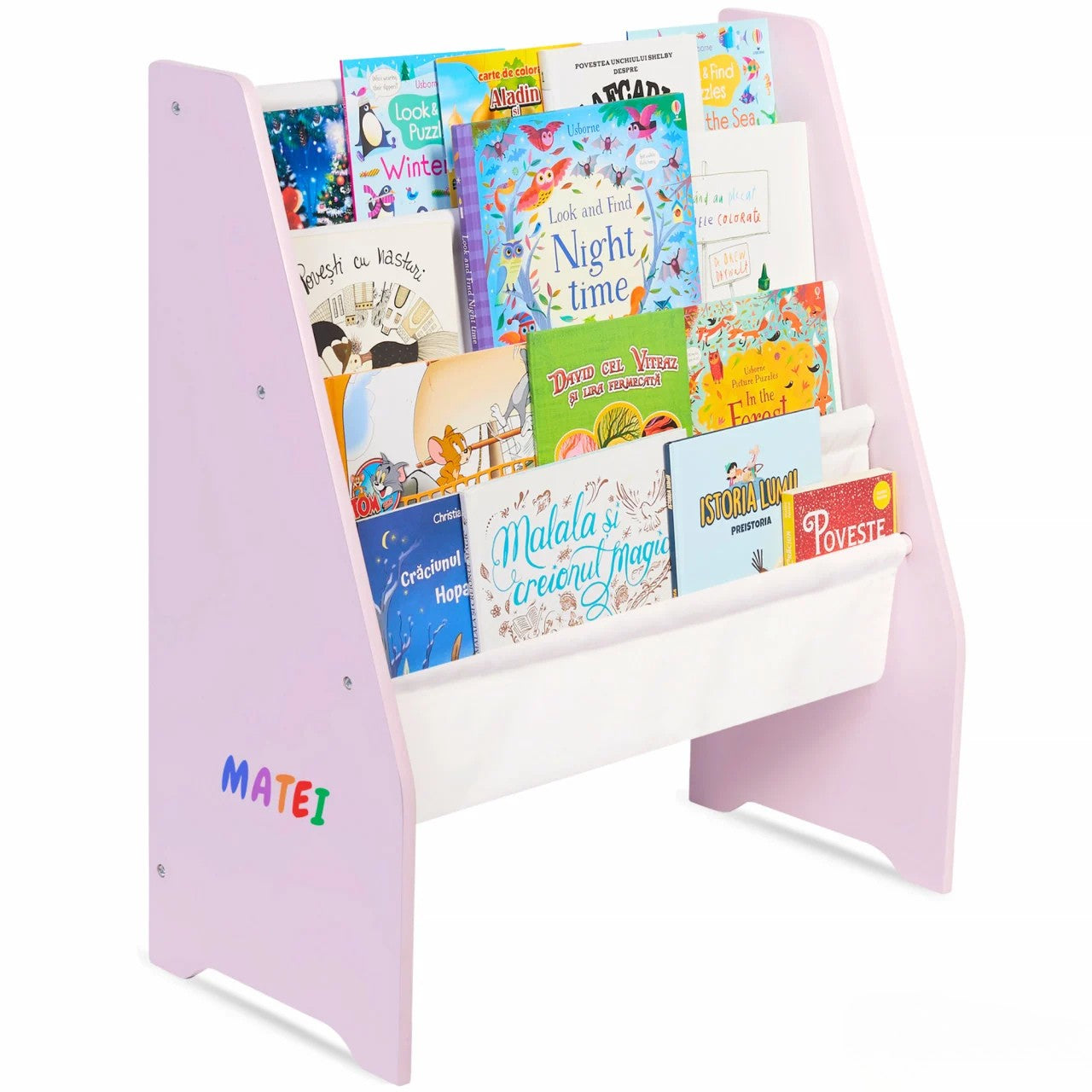 Raft de Carti pentru Copii, Organizator cu etajere din textil, pentru depozitare jucarii, carti si caiete. Mobilier din Lemn MDF, 71.5 x 62 x 30 cm, Roz