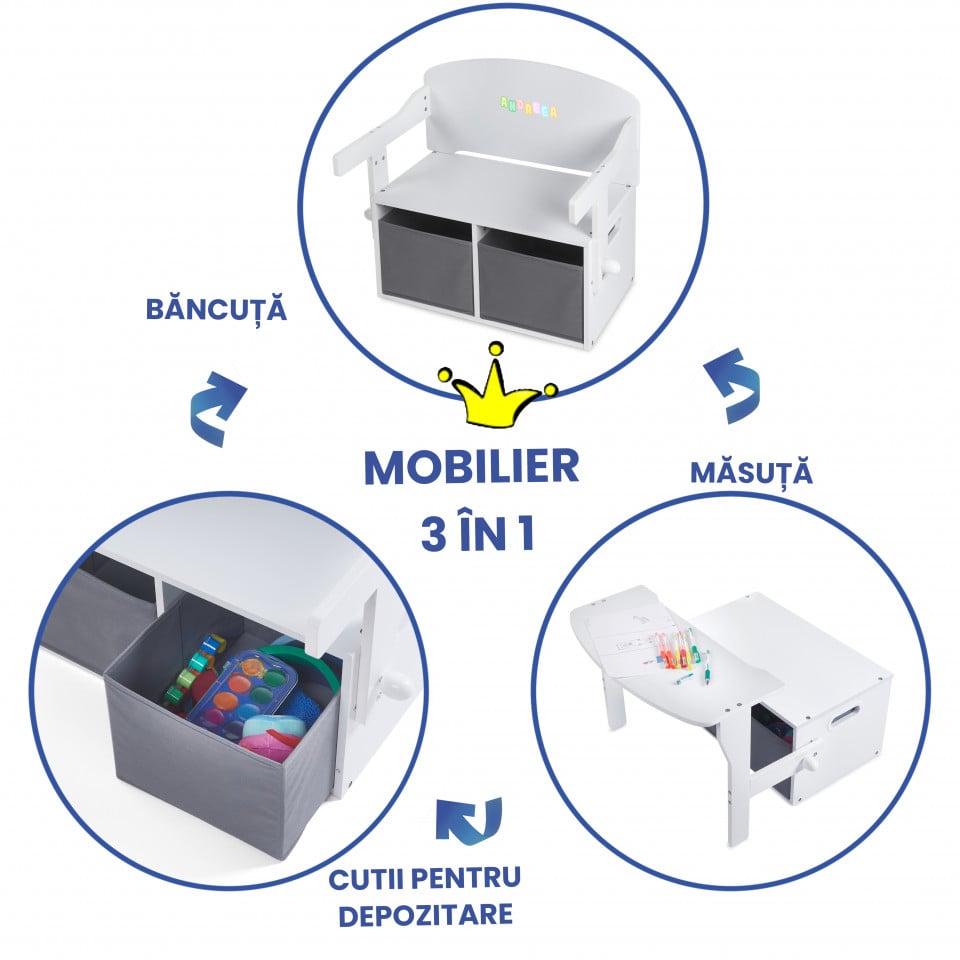 Birou Pentru Copii cu Scaun Convertibil Bancuta 3 in 1 Cu Masuta Si Spatii De Depozitare Jucarii din Lemn MDF, Culoare Alb cu Gri, Varsta 3-6 Ani