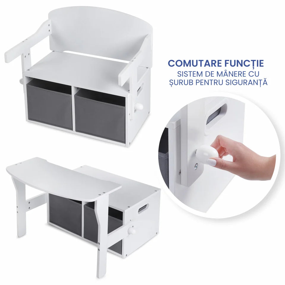 Birou Pentru Copii cu Scaun Convertibil Bancuta 3 in 1 Cu Masuta Si Spatii De Depozitare Jucarii din Lemn MDF, Culoare Alb cu Gri, Varsta 3-6 Ani