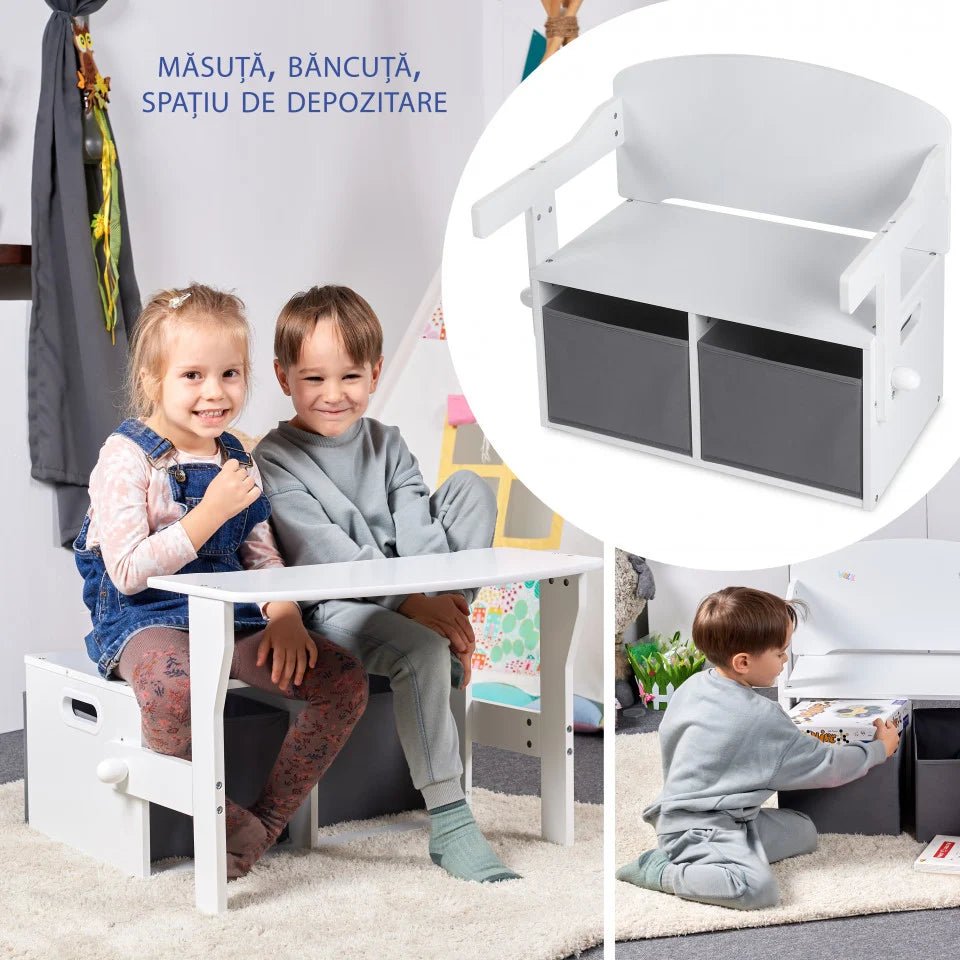 Birou Pentru Copii cu Scaun Convertibil Bancuta 3 in 1 Cu Masuta Si Spatii De Depozitare Jucarii din Lemn MDF, Culoare Alb cu Gri, Varsta 3-6 Ani