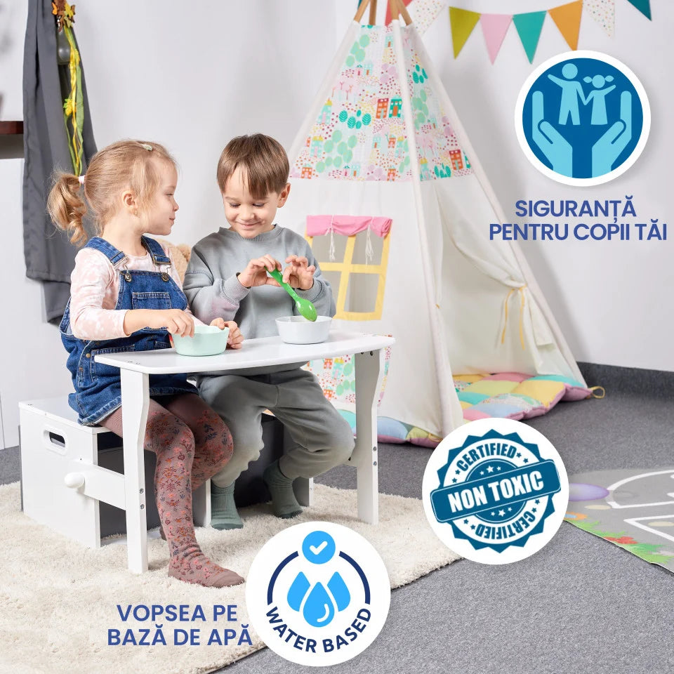 Birou Pentru Copii cu Scaun Convertibil Bancuta 3 in 1 Cu Masuta Si Spatii De Depozitare Jucarii din Lemn MDF, Culoare Alb cu Gri, Varsta 3-6 Ani