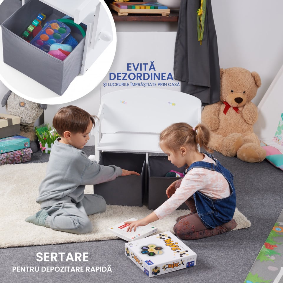 Birou Pentru Copii cu Scaun Convertibil Bancuta 3 in 1 Cu Masuta Si Spatii De Depozitare Jucarii din Lemn MDF, Culoare Alb cu Gri, Varsta 3-6 Ani
