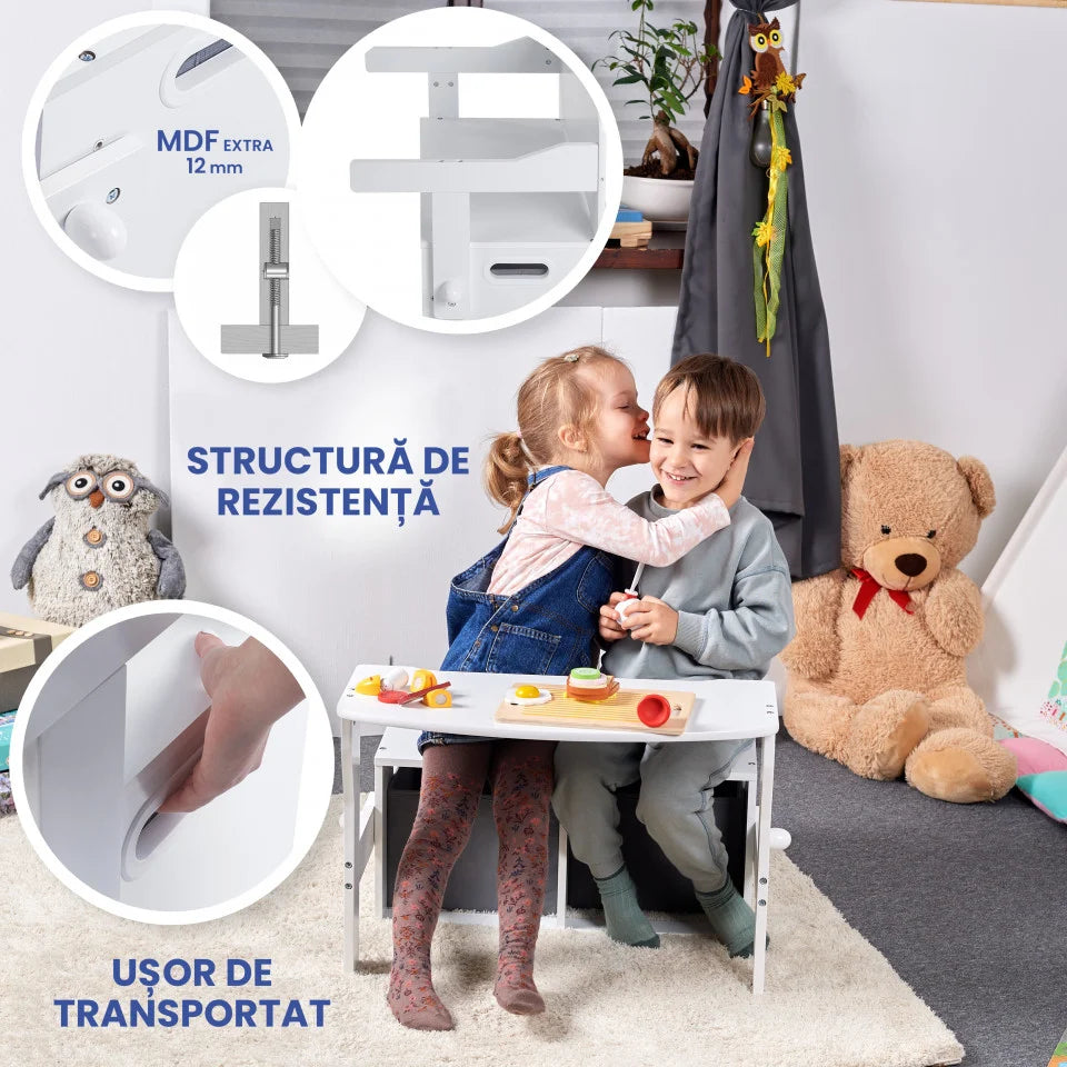 Birou Pentru Copii cu Scaun Convertibil Bancuta 3 in 1 Cu Masuta Si Spatii De Depozitare Jucarii din Lemn MDF, Culoare Alb cu Gri, Varsta 3-6 Ani
