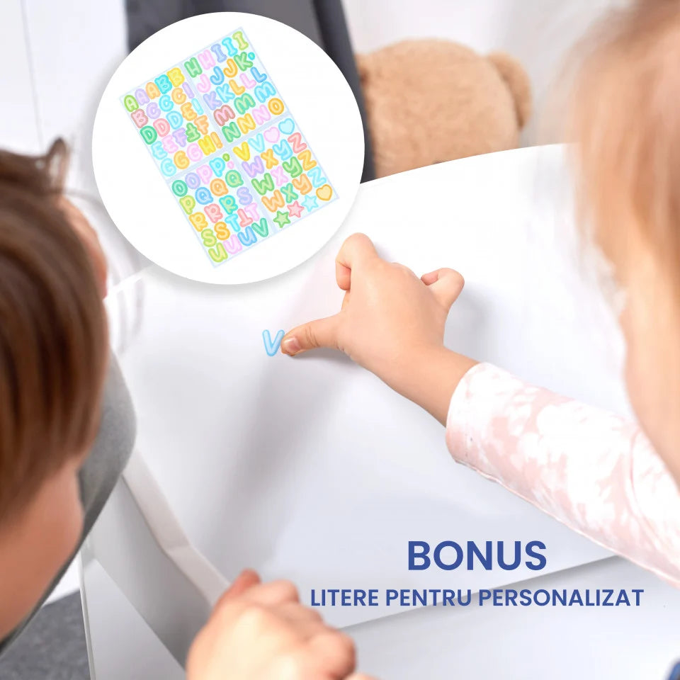 Birou Pentru Copii cu Scaun Convertibil Bancuta 3 in 1 Cu Masuta Si Spatii De Depozitare Jucarii din Lemn MDF, Culoare Alb cu Gri, Varsta 3-6 Ani
