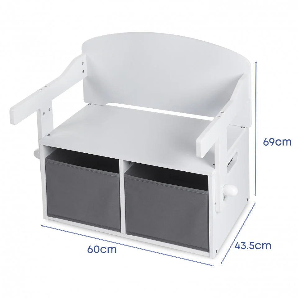 Birou Pentru Copii cu Scaun Convertibil Bancuta 3 in 1 Cu Masuta Si Spatii De Depozitare Jucarii din Lemn MDF, Culoare Alb cu Gri, Varsta 3-6 Ani