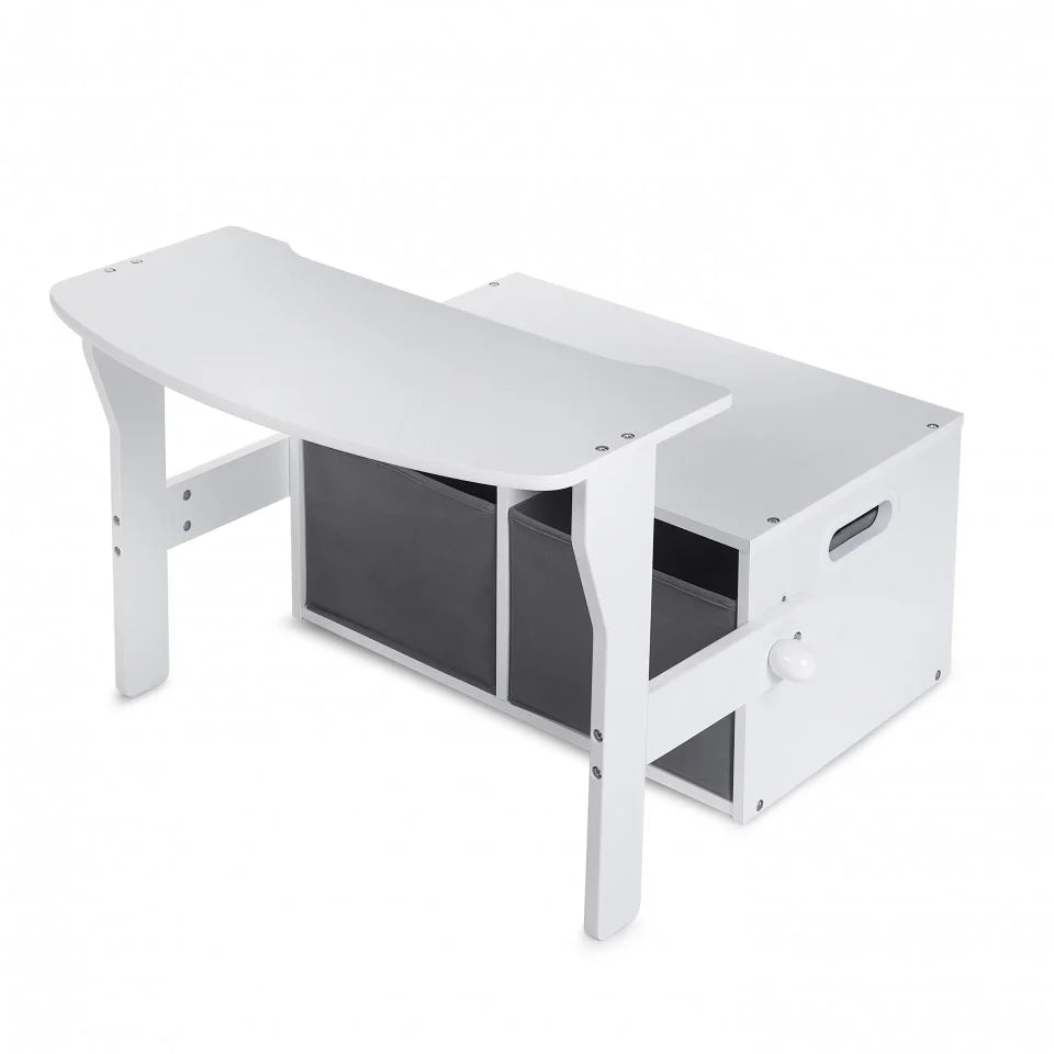 Birou Pentru Copii cu Scaun Convertibil Bancuta 3 in 1 Cu Masuta Si Spatii De Depozitare Jucarii din Lemn MDF, Culoare Alb cu Gri, Varsta 3-6 Ani