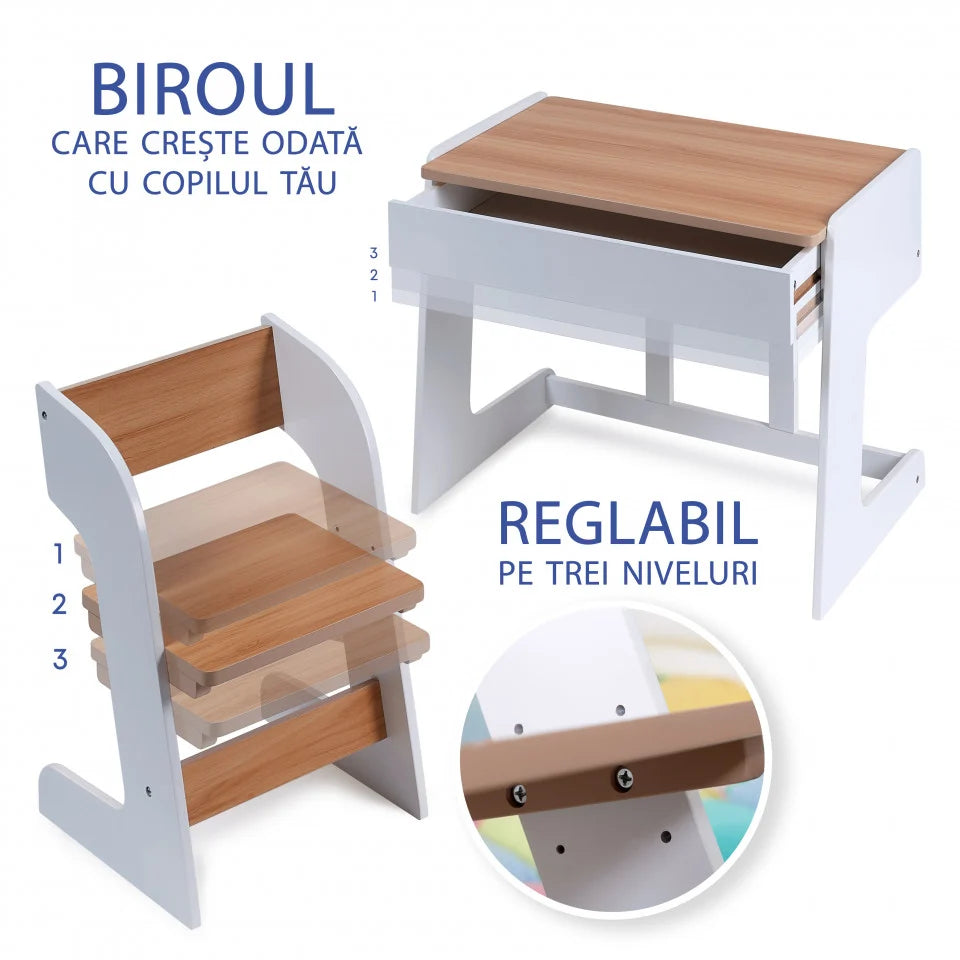 Birou pentru copii Reglabil, din MDF, cu Scaunel reglabil, Spatiu de depozitare, Utilizari multiple, Alb