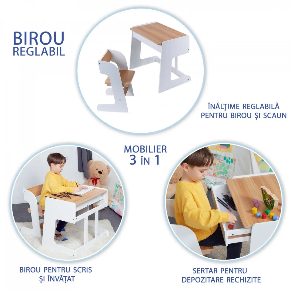 Birou pentru copii Reglabil, din MDF, cu Scaunel reglabil, Spatiu de depozitare, Utilizari multiple, Alb