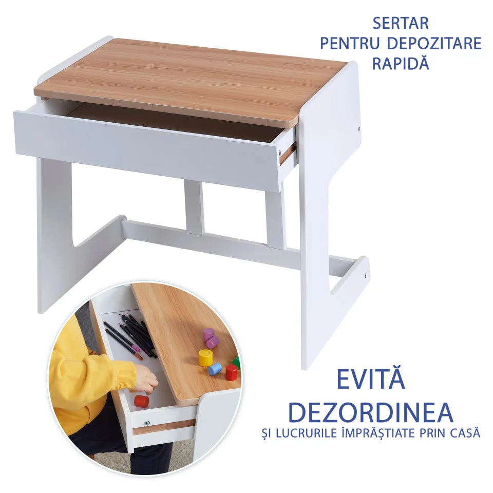Birou pentru copii Reglabil, din MDF, cu Scaunel reglabil, Spatiu de depozitare, Utilizari multiple, Alb