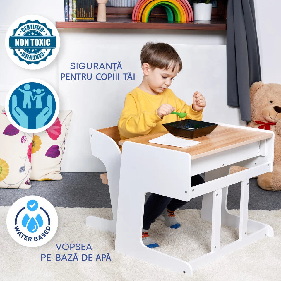 Birou pentru copii Reglabil, din MDF, cu Scaunel reglabil, Spatiu de depozitare, Utilizari multiple, Alb