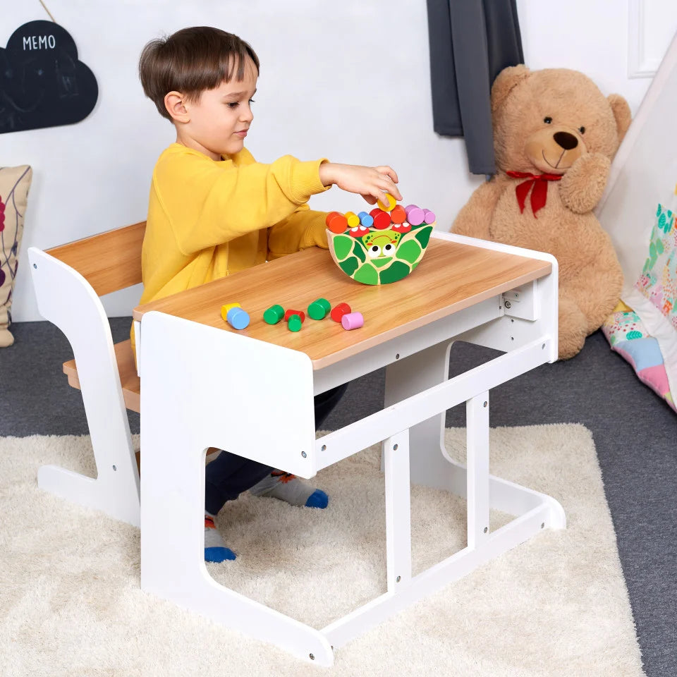 Birou pentru copii Reglabil, din MDF, cu Scaunel reglabil, Spatiu de depozitare, Utilizari multiple, Alb