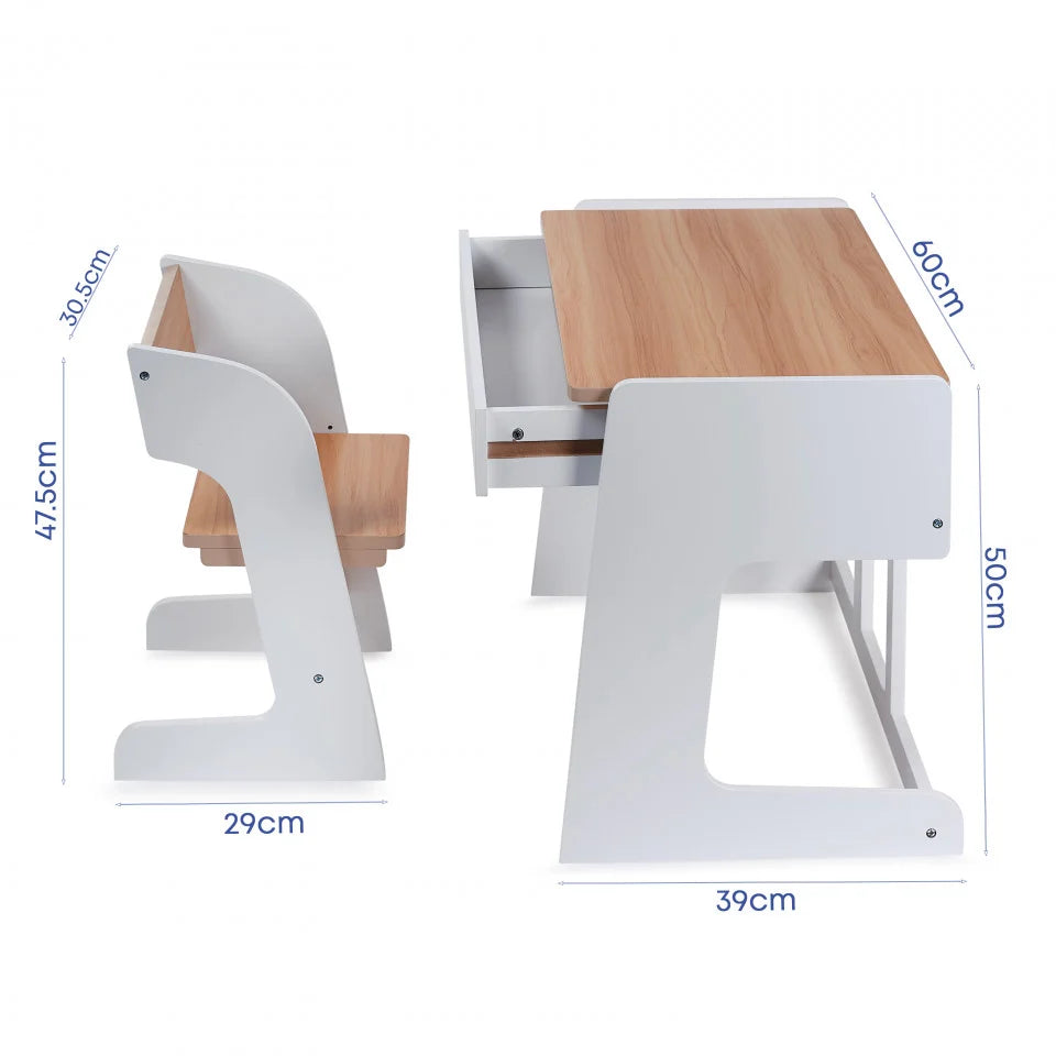 Birou pentru copii Reglabil, din MDF, cu Scaunel reglabil, Spatiu de depozitare, Utilizari multiple, Alb