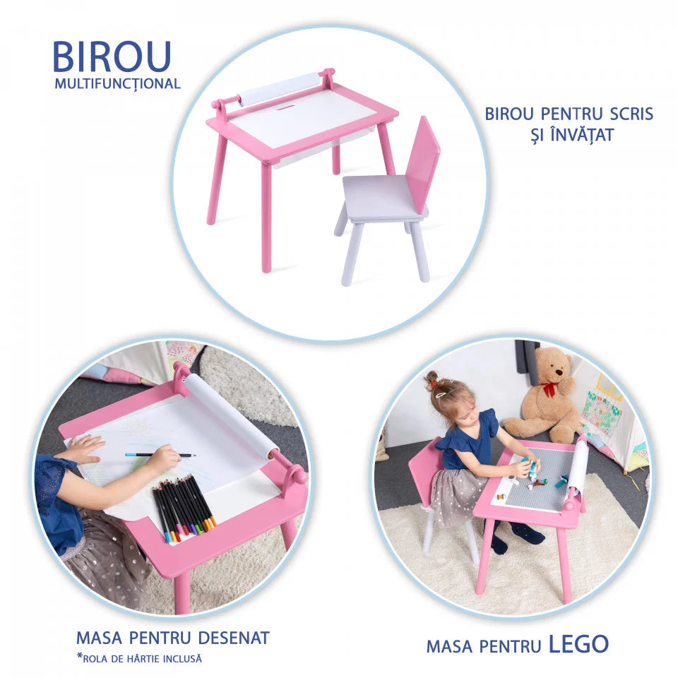 Birou pentru copii Roz cu tabla compatibila cu piese LEGO, din MDF, cu Scaunel, Rola de desen, Spatiu de depozitare, Blat reversibil